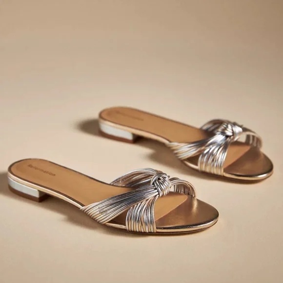 Reformation Peridot Mignon Knot Flat Sandal Gold/Silver Size 7 - Picture 1 of 13